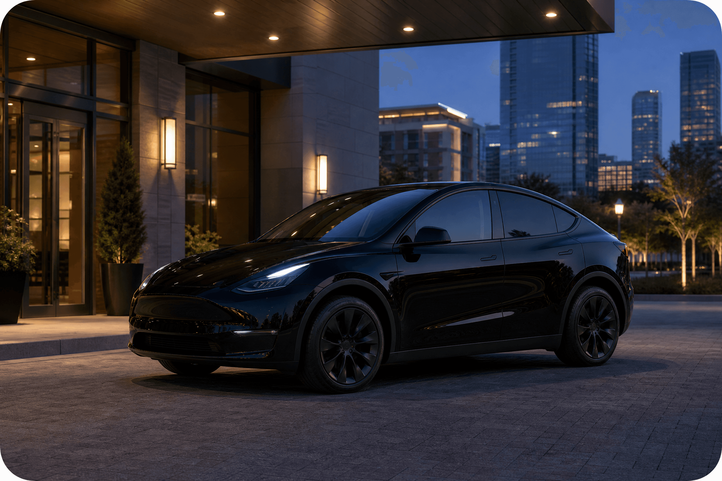 Black electric chauffeur vehicle outside a modern Dallas-Fort Worth arrival entrance