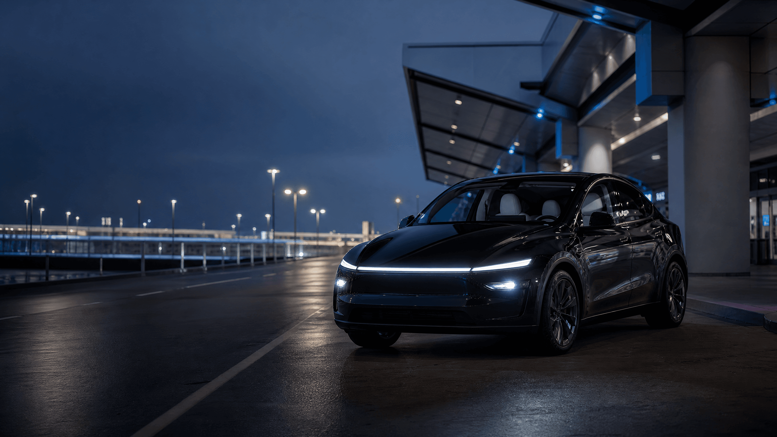 Private electric black-car service at an airport at night